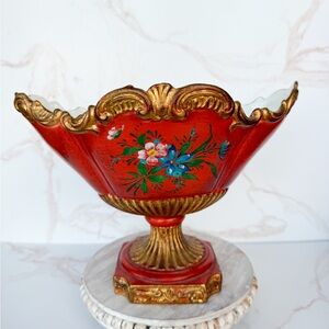 Vintage Italian Florentine Dark Red & Gold Hand Painted Wood Pedestal Compote